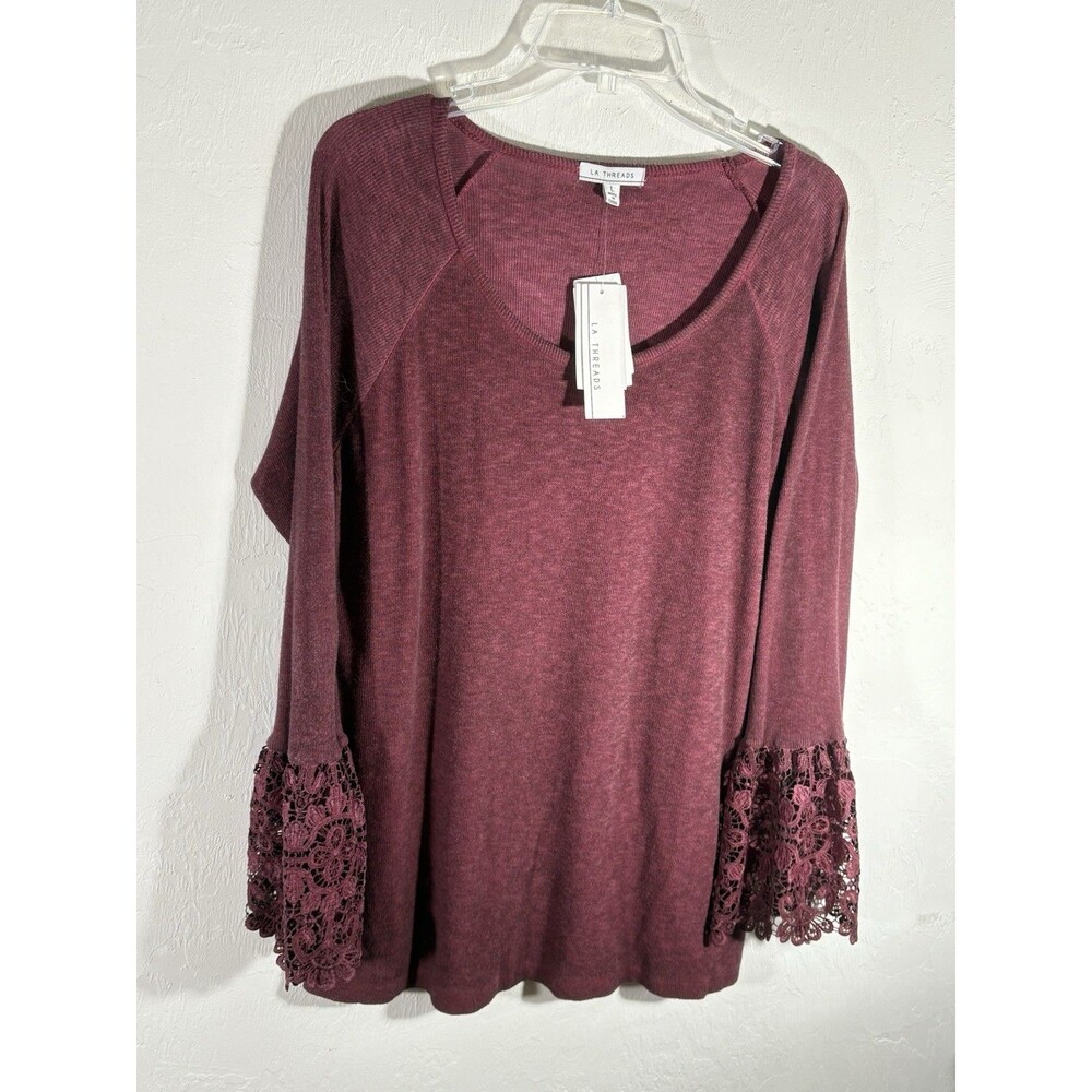 LA Threads NWT Women Burgundy LG Peasant Bohemian Blouse Lace Belle Flare Sleeve